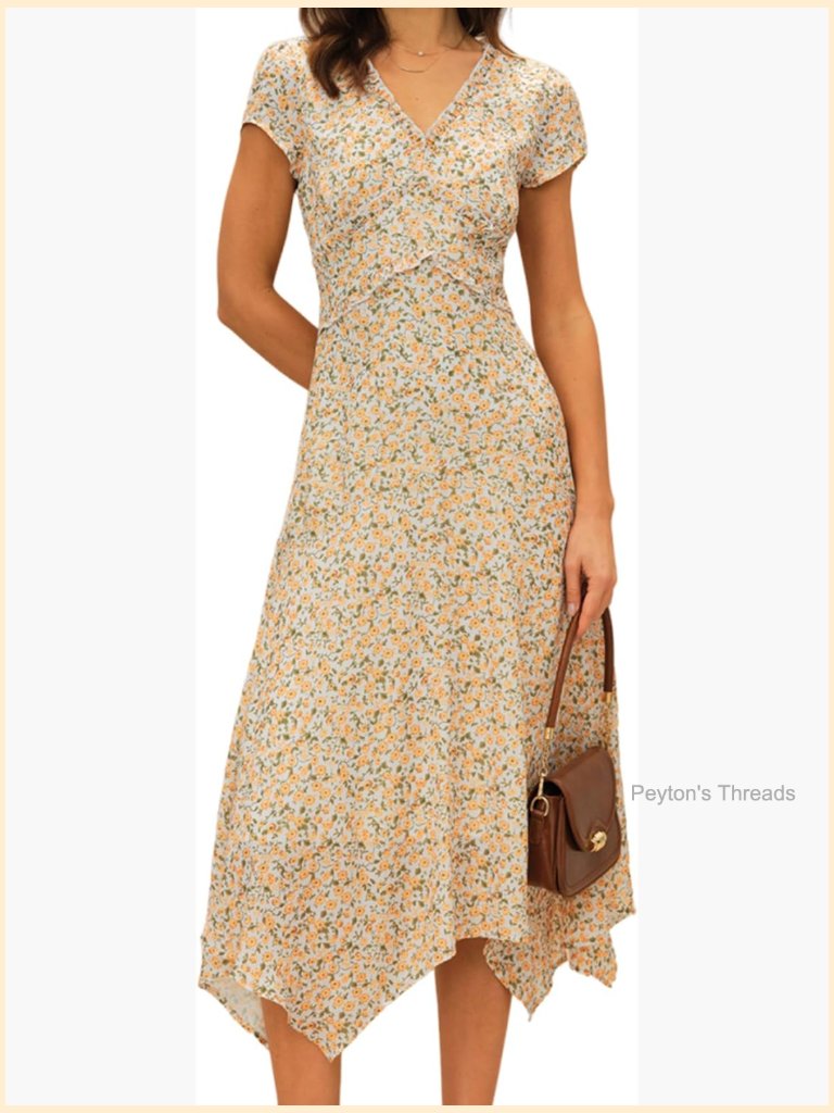 Polka Dot Wrap Midi Dress With Ruffle Hem, V-Neck, Short Sleeve, High Low Dress